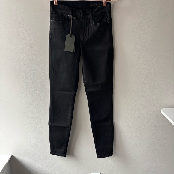 AllSaints Miller Black ‎ Coated Skinny Jeans Sz 26 - Picture 3 of 10